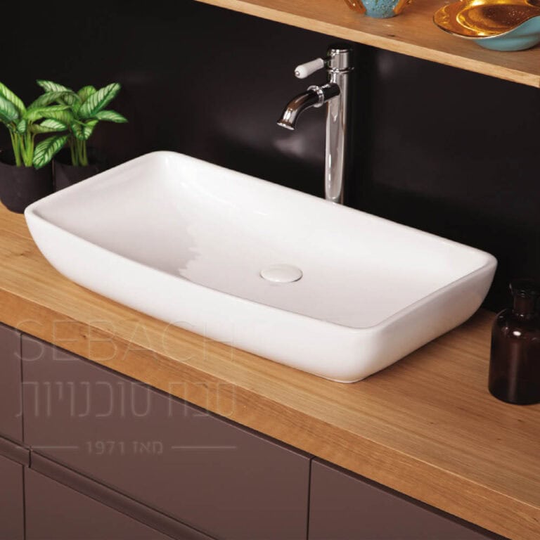 כיור חרס מונח דגם 134088, מידות 70x38x13 ס"מ, עיצוב מלבני מוארך ודק