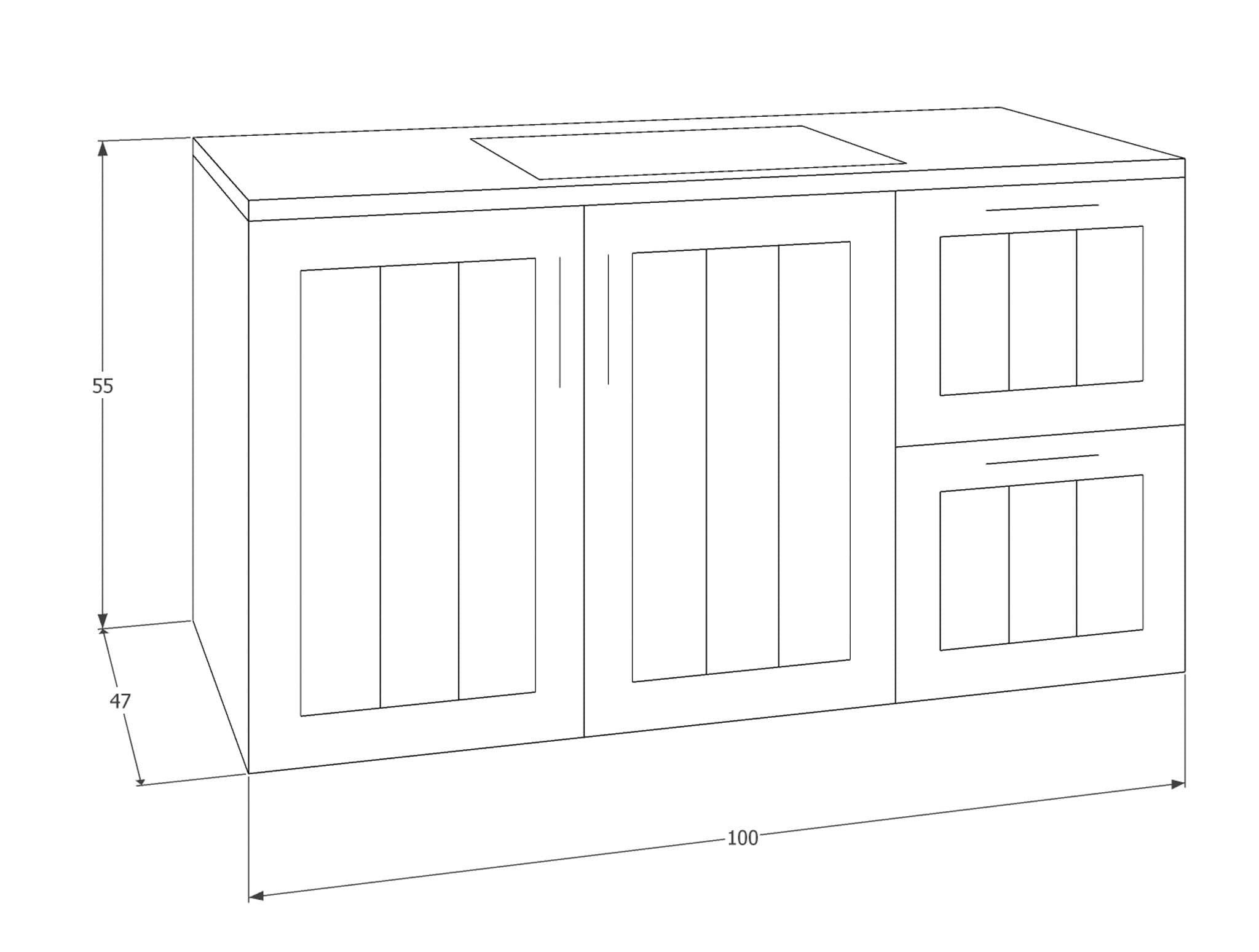 תרשים מידות לארון אמבטיה שיראל משולב פסים – רוחב 100 ס"מ, עומק 46 ס"מ, גובה 55 ס"מ