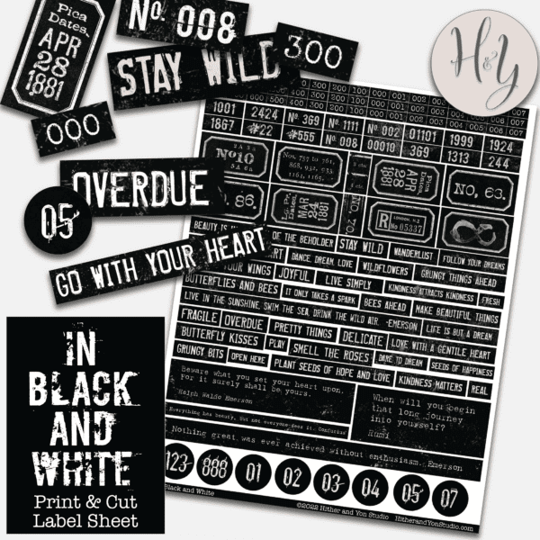 Black and white labels for junk journals