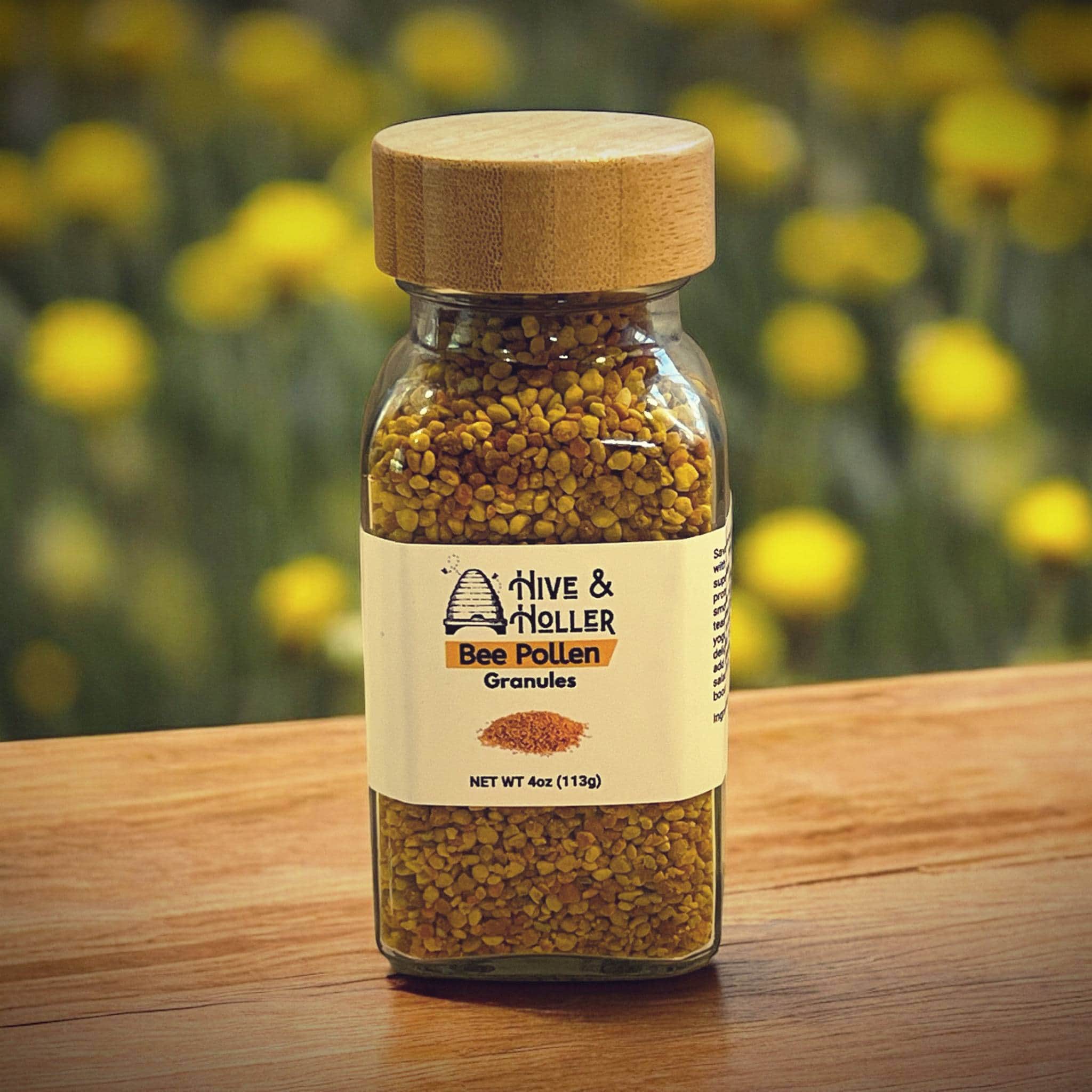4oz Bee Pollen in glass spice jar.