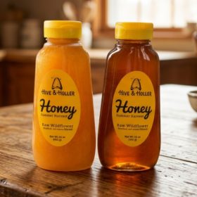 2 1lb bottles of honey. One is Crystalized and one is liquid.