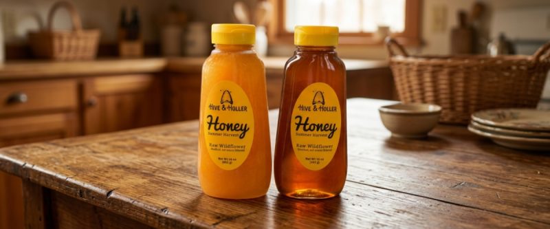 2 1lb bottles of honey. One is Crystalized and one is liquid.