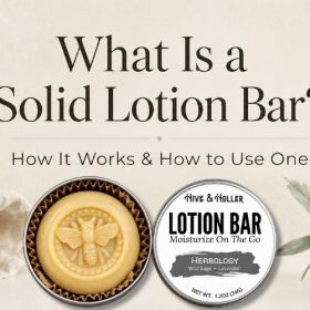 Hive & Holler solid lotion bar with article title explaining what a solid lotion bar is and how to use one