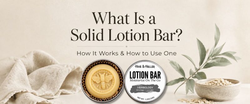 Hive & Holler solid lotion bar with article title explaining what a solid lotion bar is and how to use one
