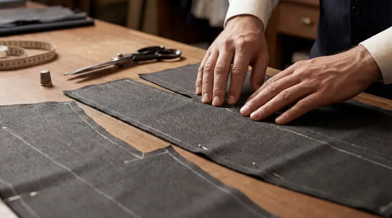 Tailor working on fabric pieces in a workshop setting for custom clothing.