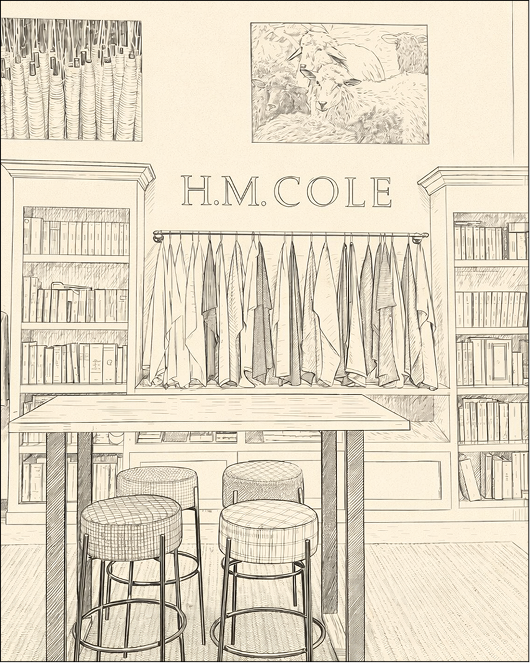 Interior view of H.M. Cole store with clothing racks and bookshelves.