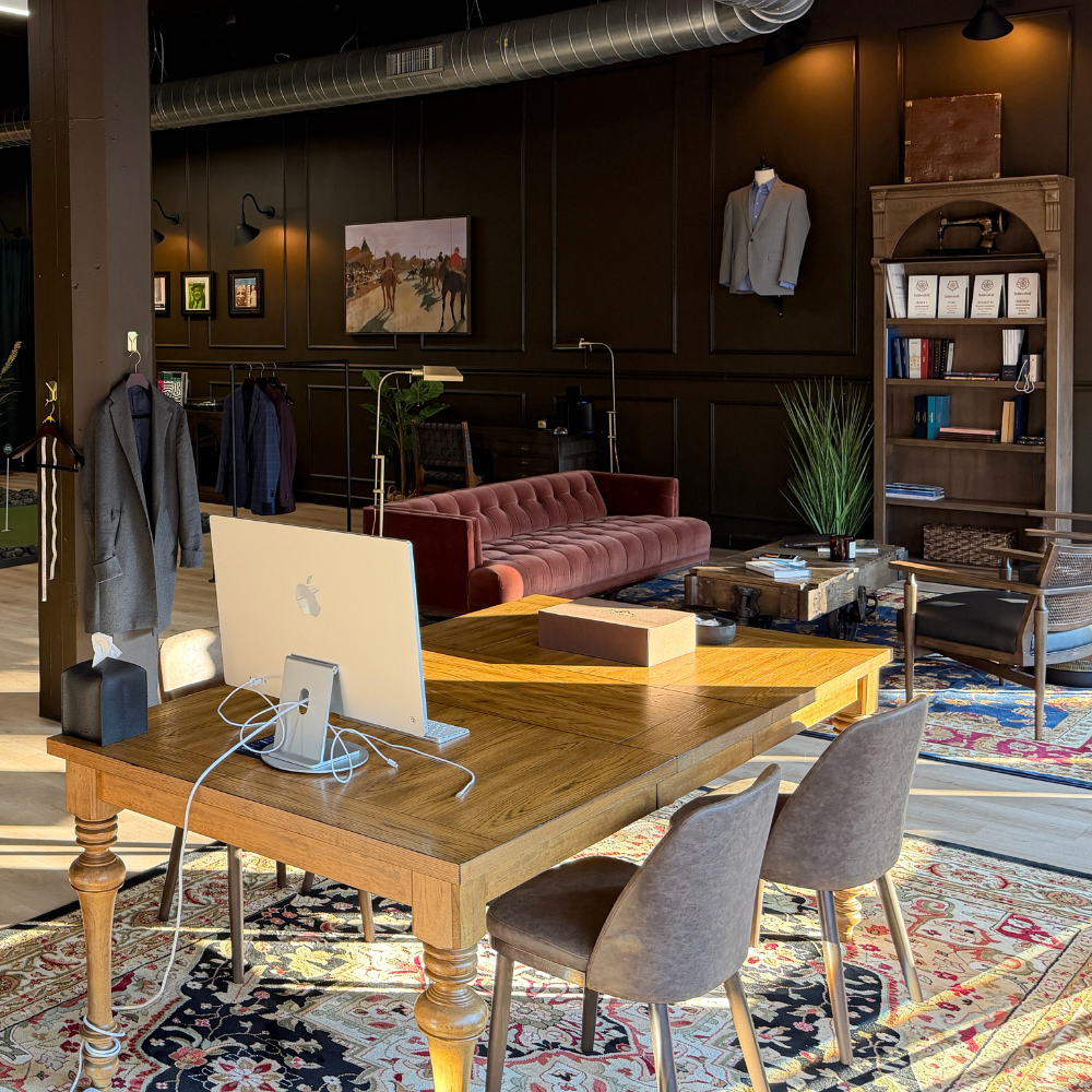 Stylish office space with vintage decor and modern technology.