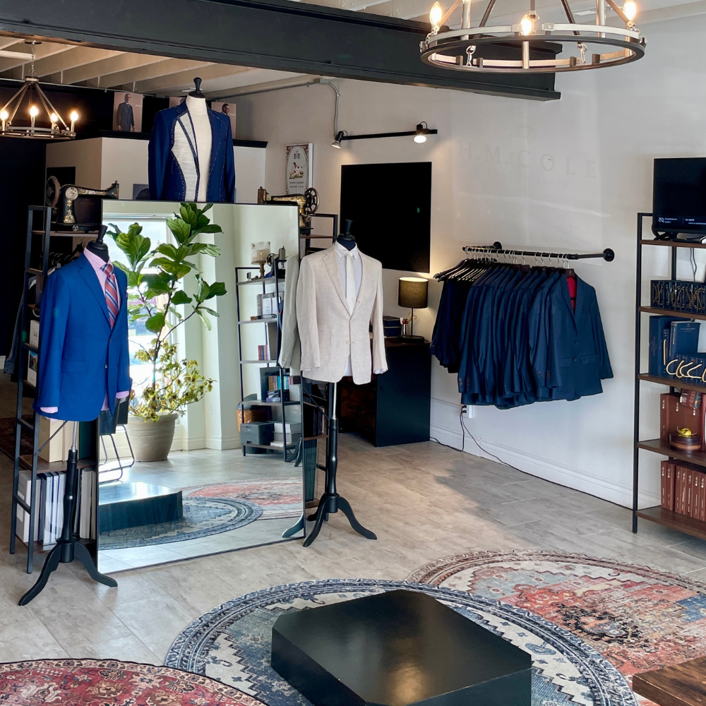 Elegant men's clothing display at H.M. Cole Omaha boutique.