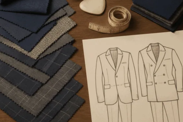 Fabric swatches and tailoring sketches for custom men's suits at H.M. Cole.