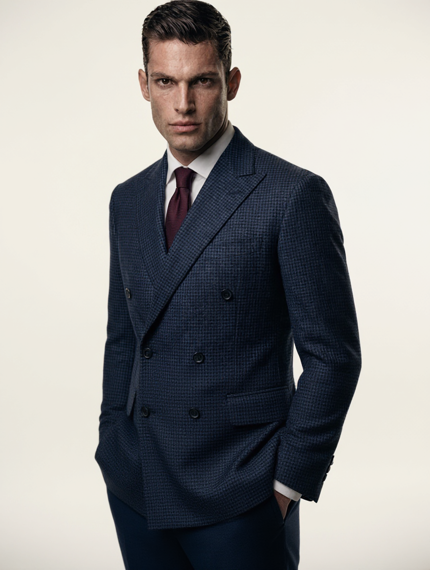 Man wearing a tailored navy blue double-breasted suit for a custom look.