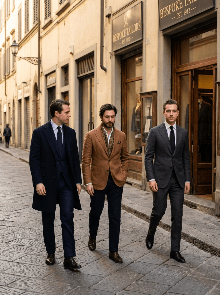 Men in formal suits walking past a bespoke tailoring shop on a cobblestone street.