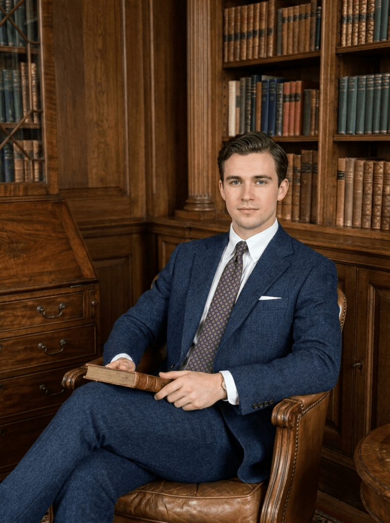 Well-dressed man in a suit sitting in a library with wooden bookshelves.