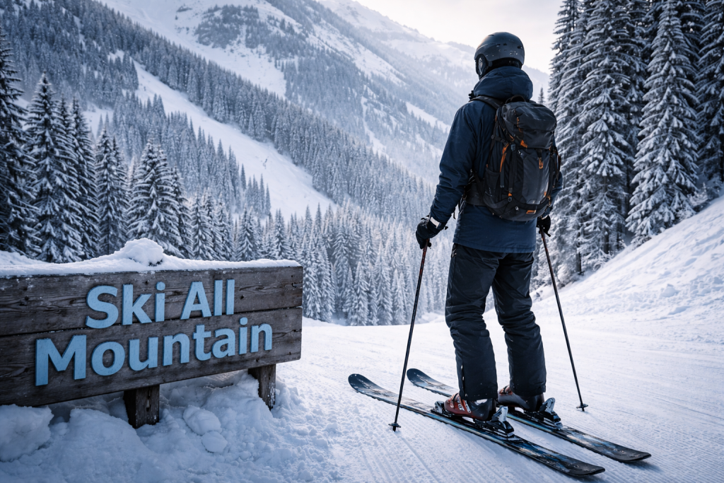 Ski all mountain skieur sur piste enneigée