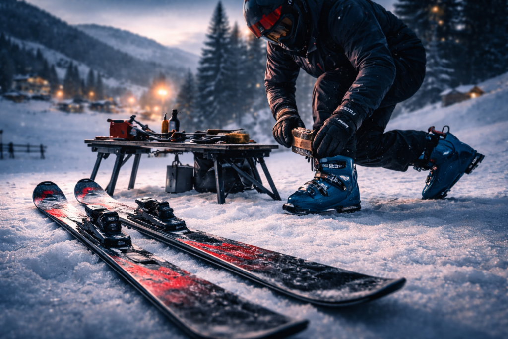 Ski de descente posé sur neige au lever du jour