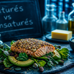 acide gras sature et insature sur table avec saumon avocat huile