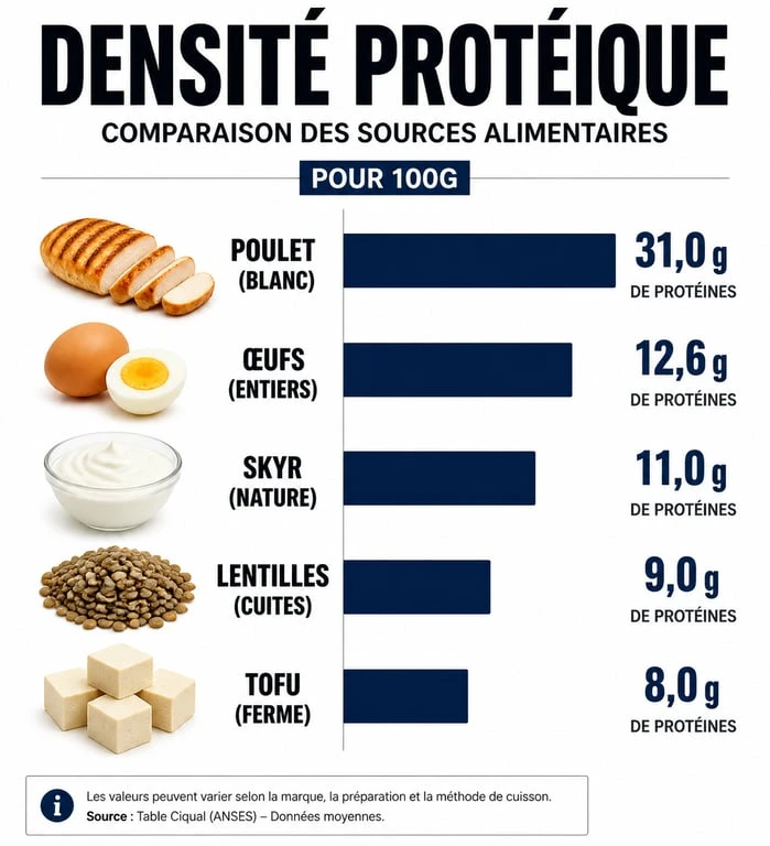 Infographie comparant les sources de protéines pour atteindre 150 g de protéines par jour
