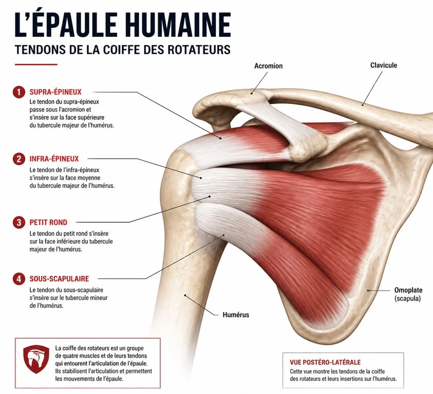 Schéma anatomique de la coiffe des rotateurs pour comprendre la rupture de la coiffe et le travail