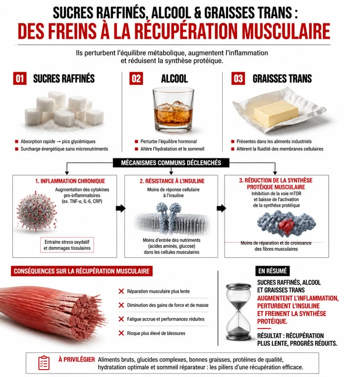 Infographie sur les aliments mauvais pour les muscles et leur impact sur la récupération et la croissance musculaire