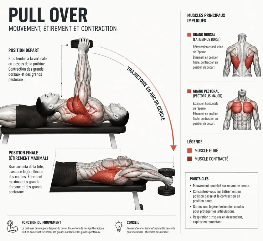 Schéma anatomique du mouvement de pull over pour la musculation