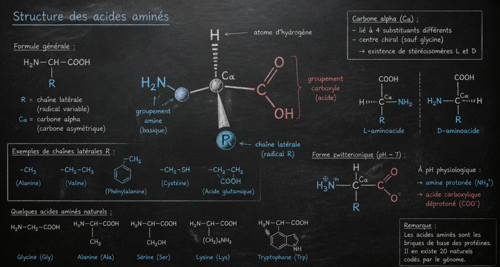 Structure des acides aminés : 4 groupements fonctionnels et la clé de l&rsquo;asymétrie moléculaire