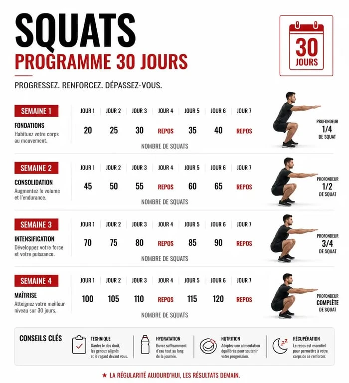 Infographie du programme squat femme sur 30 jours pour tonifier les jambes et fessiers