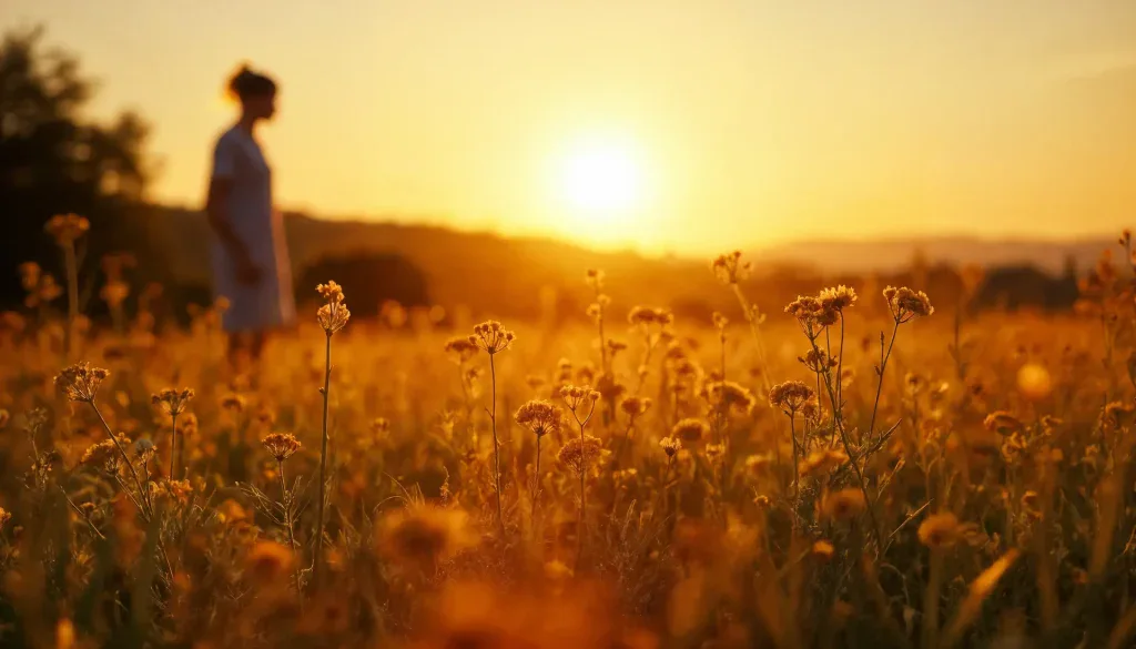 Frau im Blumenfeld bei Sonnenuntergang, Natur, Ruhe, Entspannung.