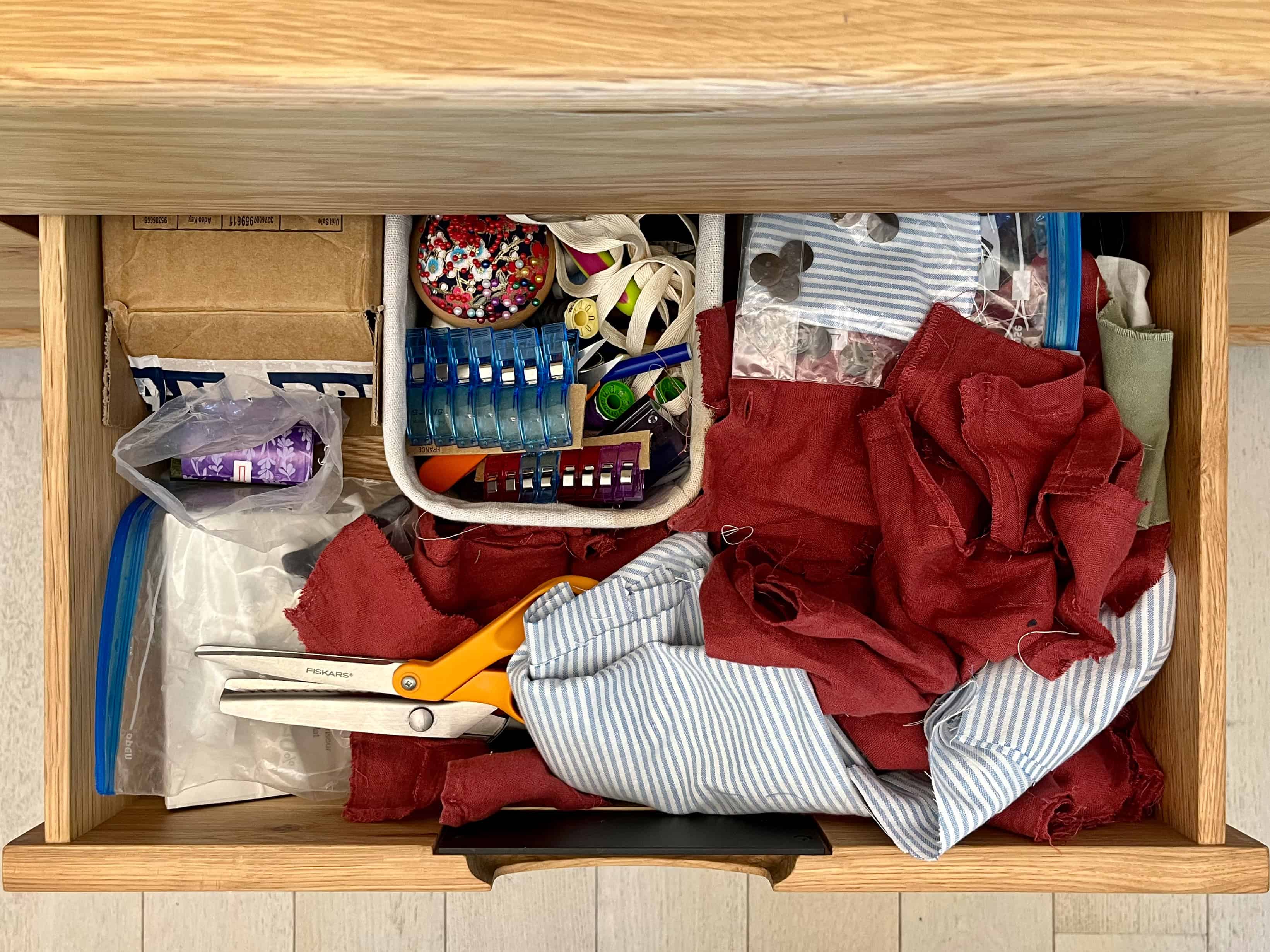 Before: Messy sewing supplies drawer