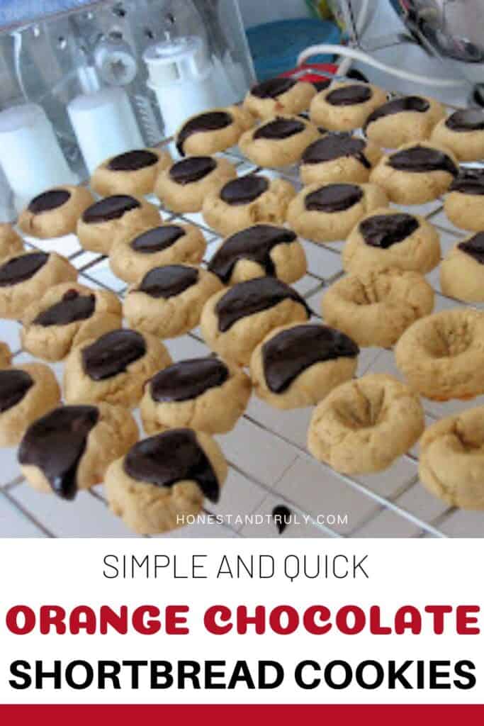 Image shows close-up picture of orange chocolate shortbread cookies.