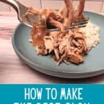 Fork holding shredded pork and text how to make the best slow cooker pork.