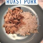 Overhead of a plate with shredded pork and text garlic roast pork.