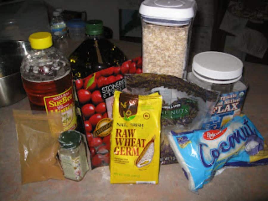 Image shows ingredients for homemade granola.
