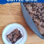 Overhead of a slice of chocolate cake and the pan with text applesauce coffee cake.