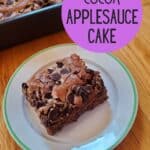 Slice of cake and pan in the background with text simple cocoa applesauce cake.
