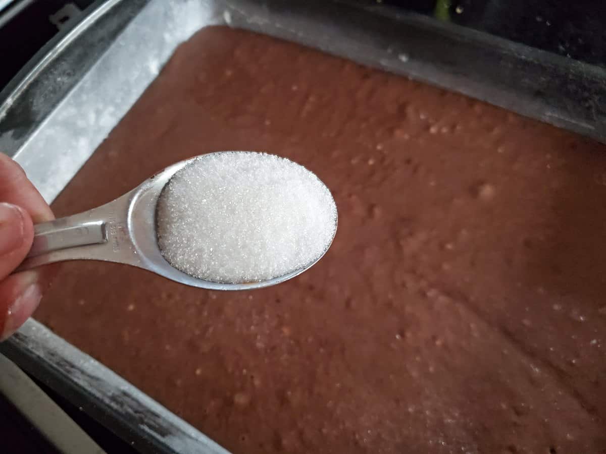 Sprinkle sugar over chocolate chip applesauce cake.