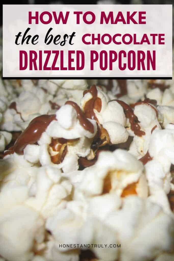 Image shows close-up picture of popcorn drizzled with melted chocolate.