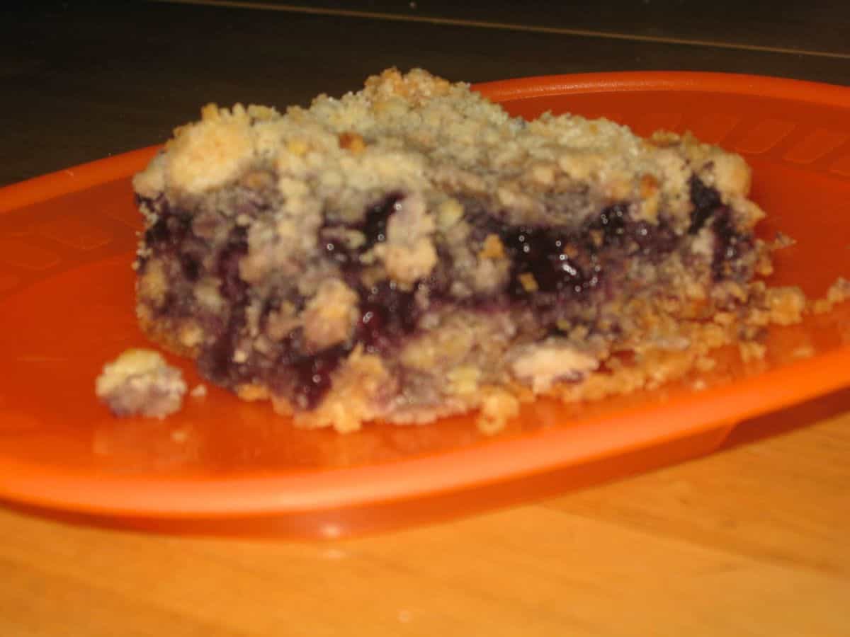Image shows blueberry crumble bar on a plate.