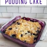 Head on shot of blueberry cake with text blueberry pudding cake.