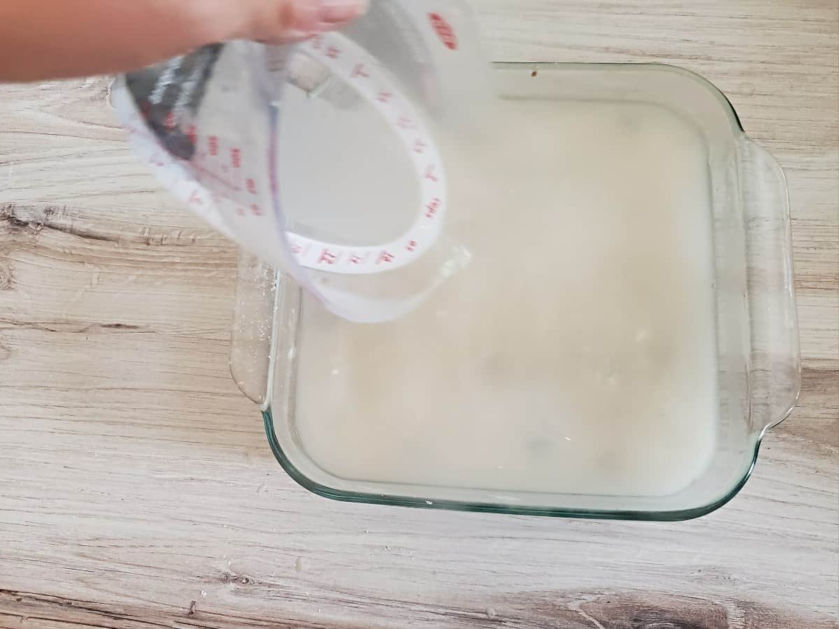 Pour boiling water over cake batter.