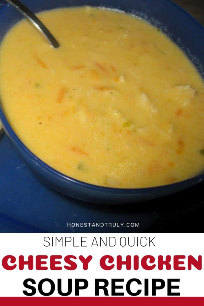 Image shows close-up picture of cheesy chicken soup in a bowl.