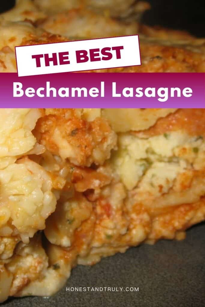 Image shows close-up picture of Bechamel Lasagne.