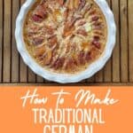 Overhead photo of peach kuchen with text how to make traditional german peach kuchen.