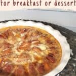 Three quarters shot of peach kuchen with text peach kuchen for breakfast or dessert.