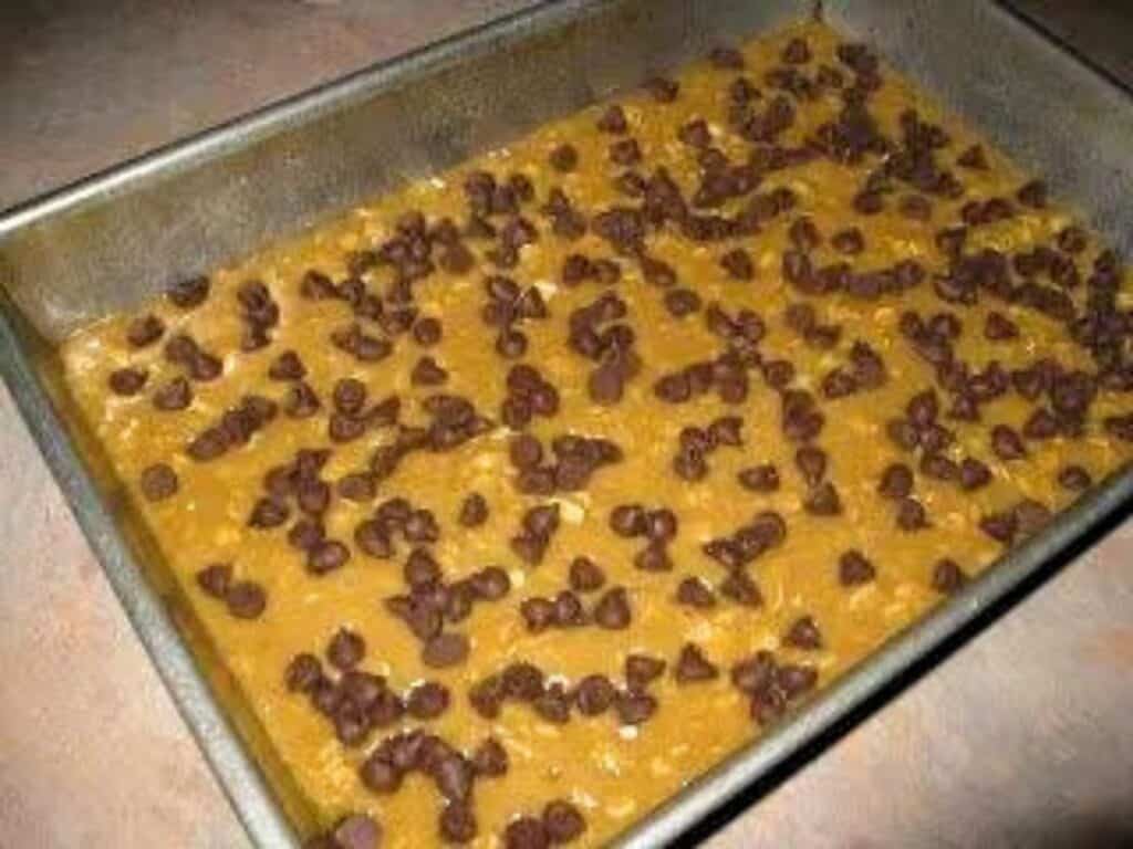 Image shows chocolate chip oat bars baked.