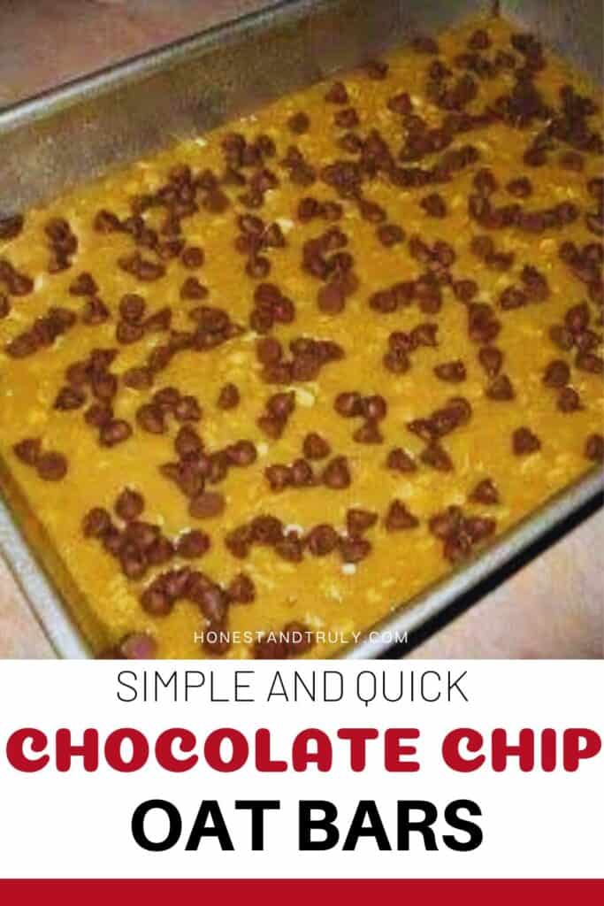 Image shows close-up picture of baked chocolate chip oat bars.