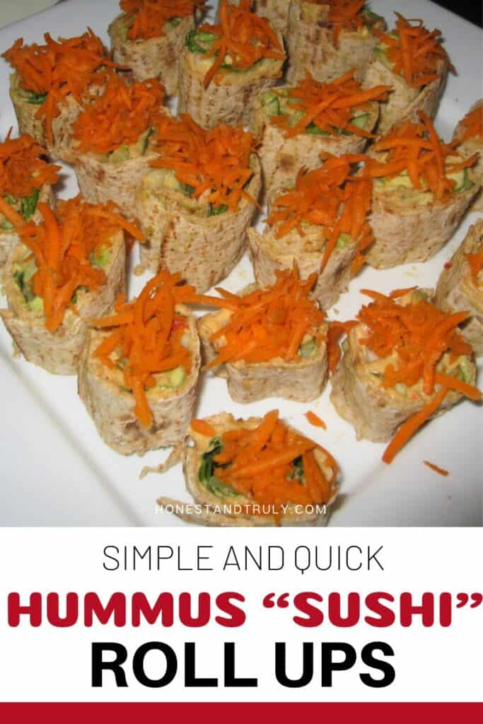 Image shows close-up picture of hummus "sushi" roll ups on a plate.