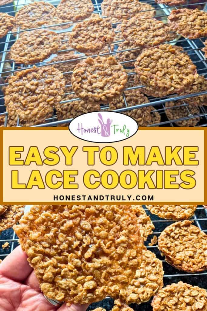 Lacy cookies cooling on a wire rack with a hand holding one; text overlay reads "Easy to Make Lacy Cookies, honestandtruly.com.