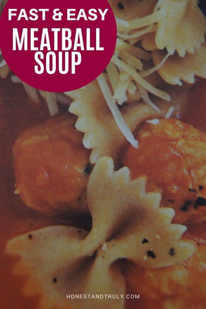 Image shows close-up picture of meatball soup.