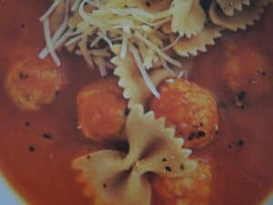 Image shows meatball soup.