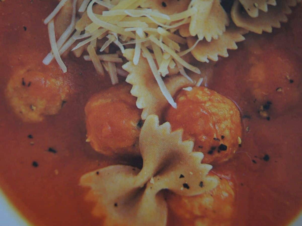 Image shows meatball soup.