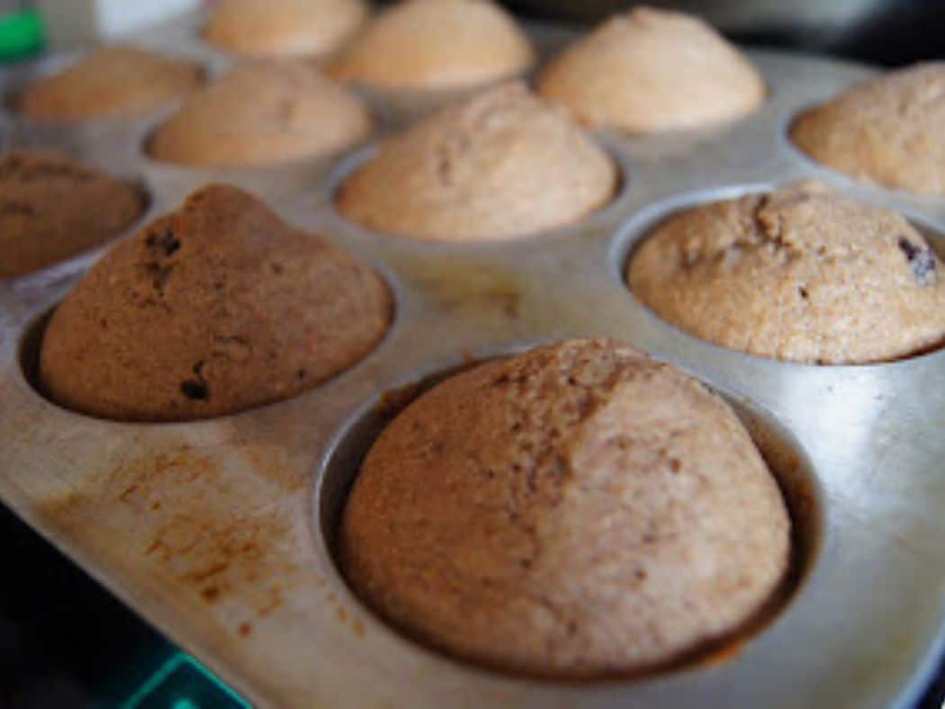 Image shows baked muffins in a muffin tin.